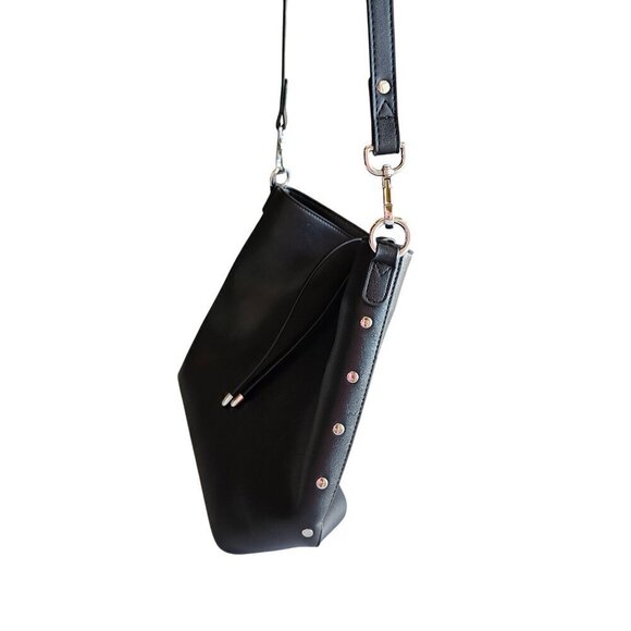 Westbronco Black Faux Leather Bucket Bag With Adjustable Strap & Metallic Accent - Picture 7 of 14